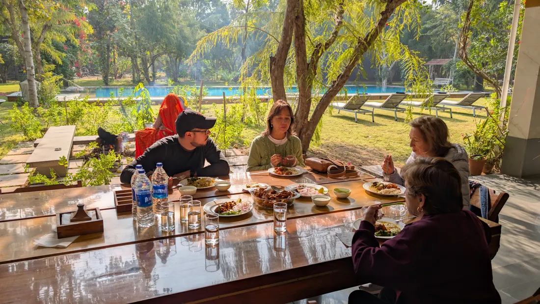 Guests having lunch in the afternoon sun