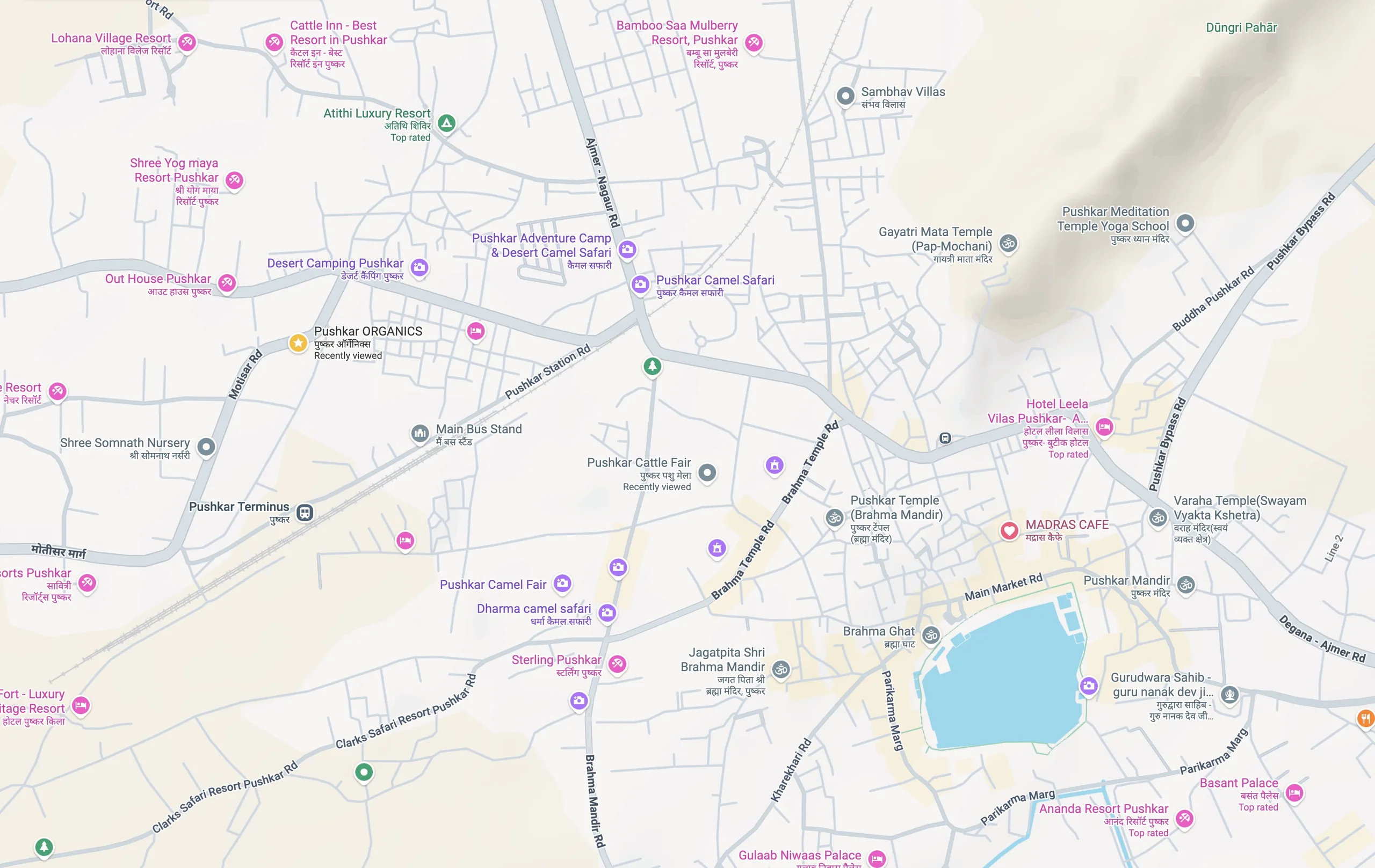 Map showing PushkarOrganic on Motisar Road near Pushkar