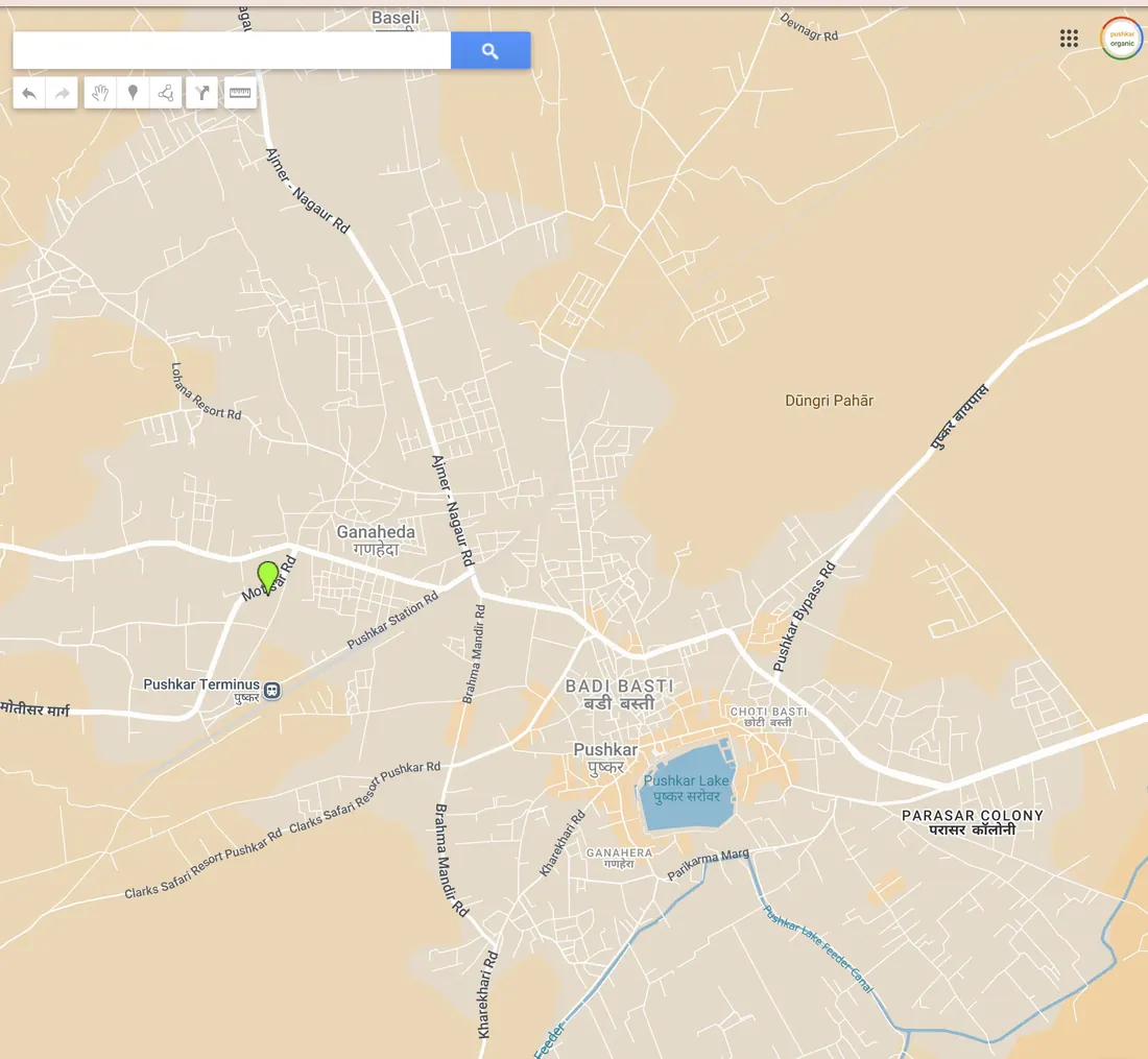 Map showing PushkarOrganic on Motisar Road near Pushkar, Pushkar Terminus and Pushkar Lake