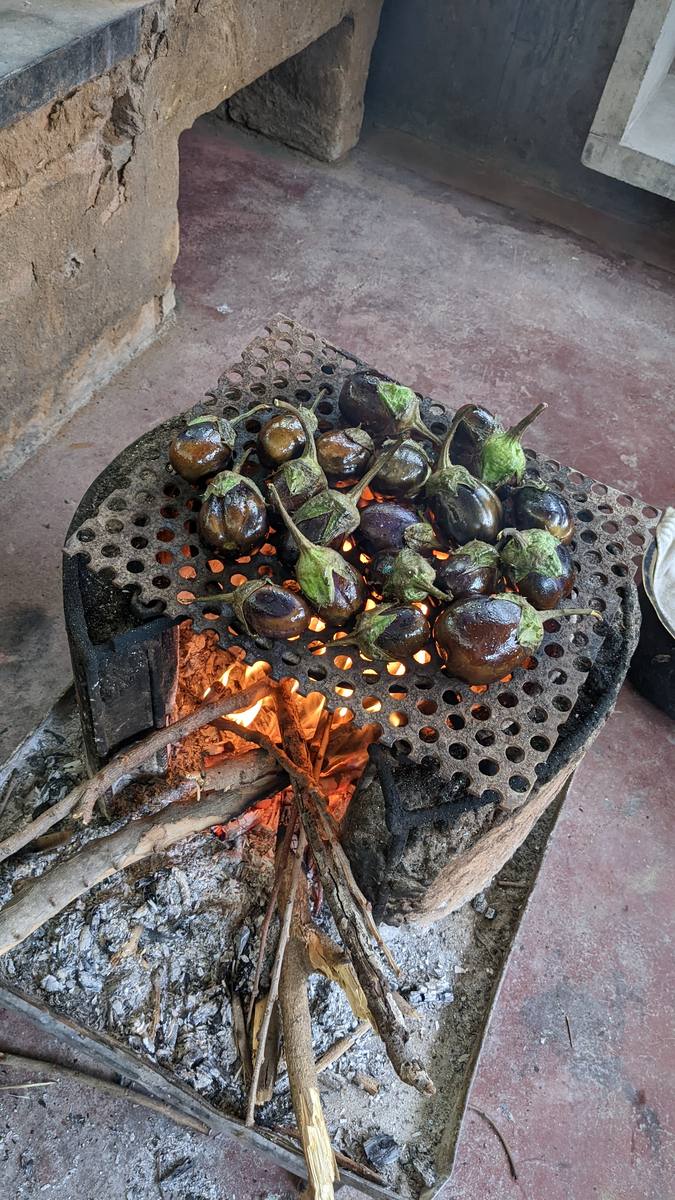 Brinjals roasting on the chulha