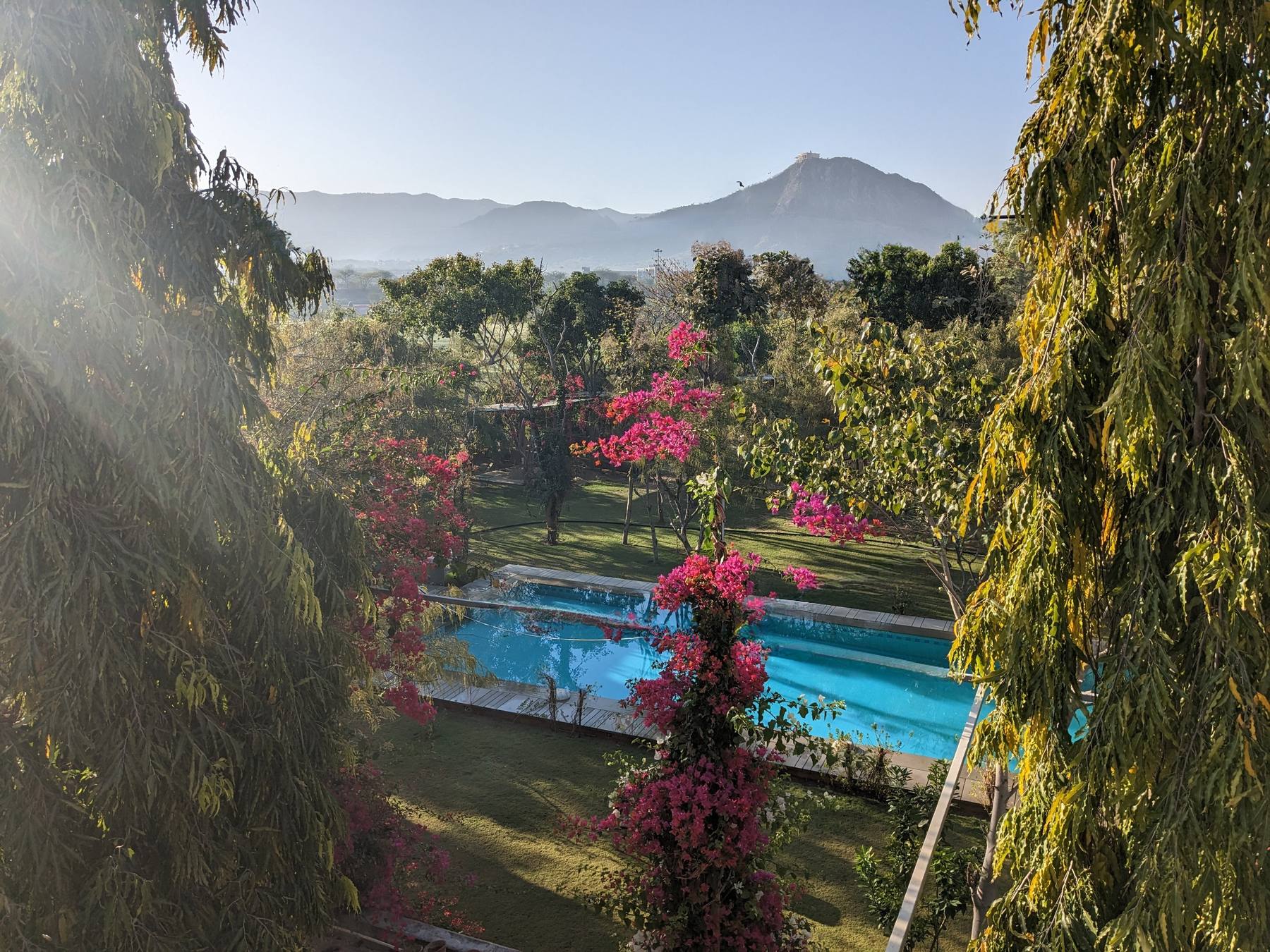 Pool with the farm and Savitri mountain — PushkarOrganic