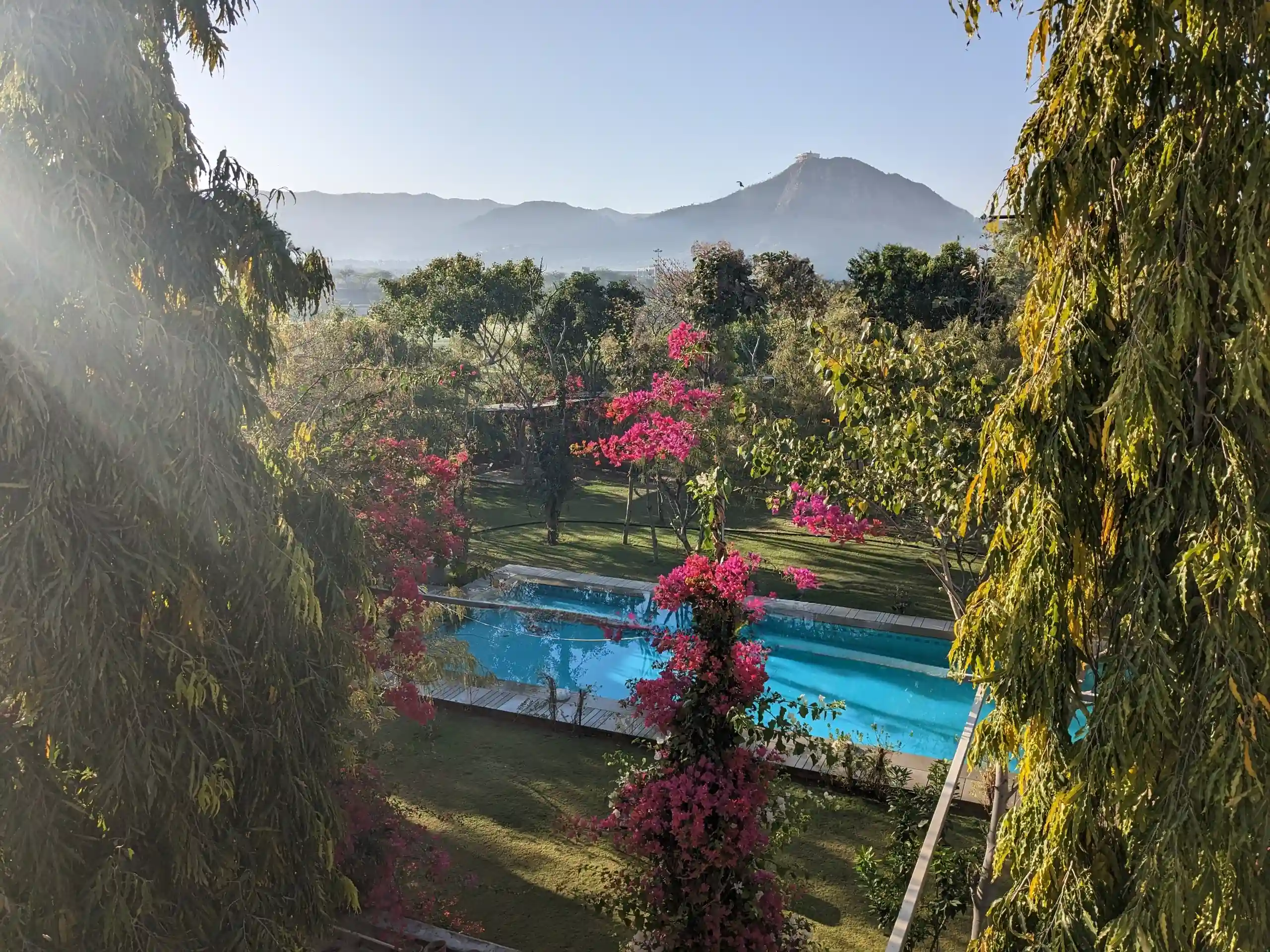 Pool with the farm and Savitri mountain — PushkarOrganic