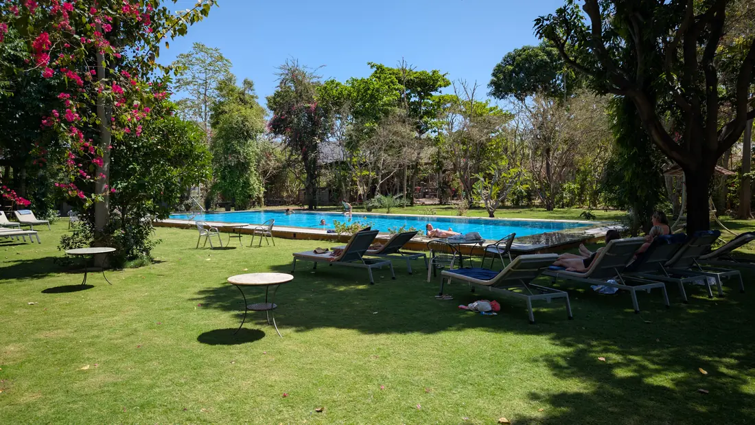 Guests sunbathing on loungers beside the pool