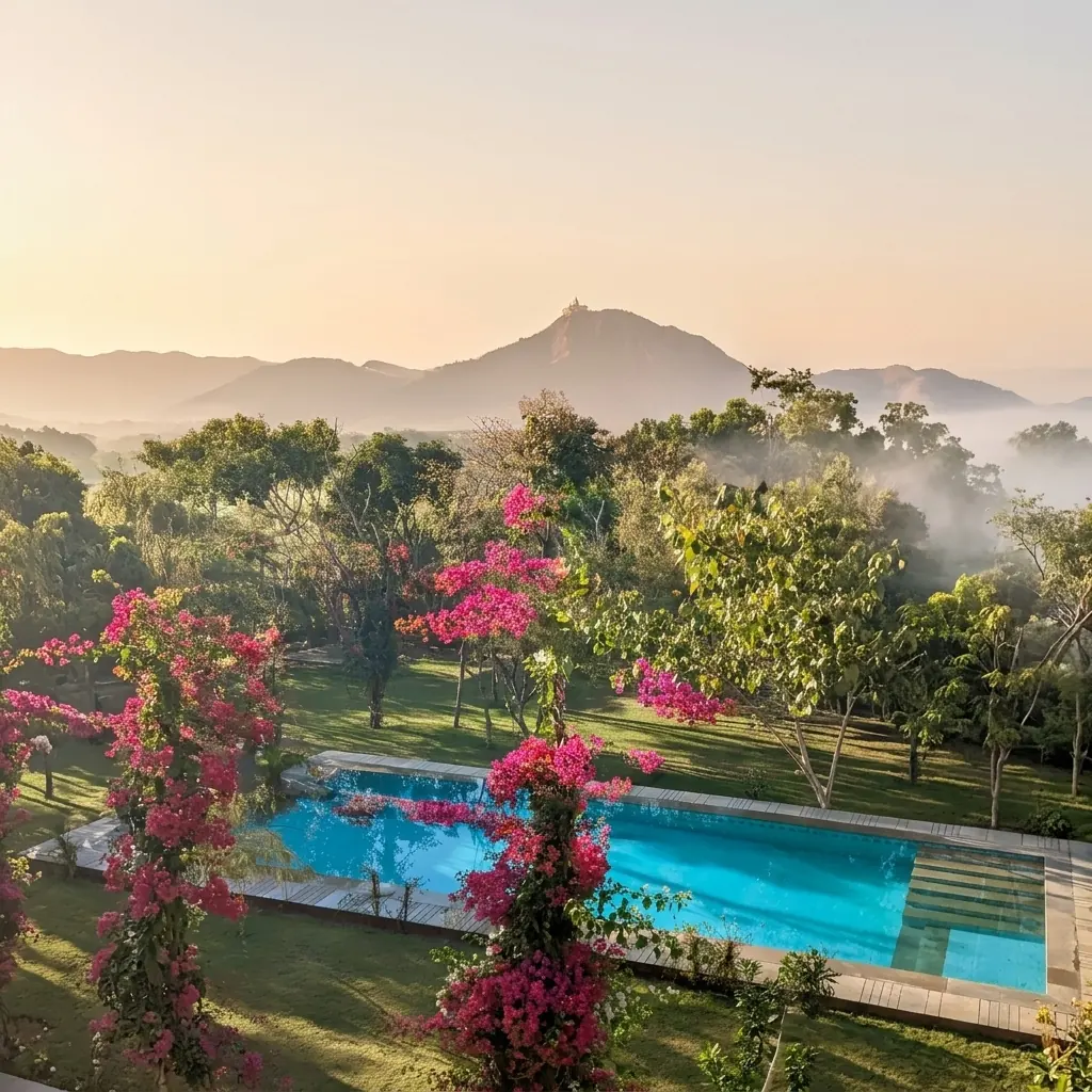 Early morning mist over the hills, bougainvillea framing the pool